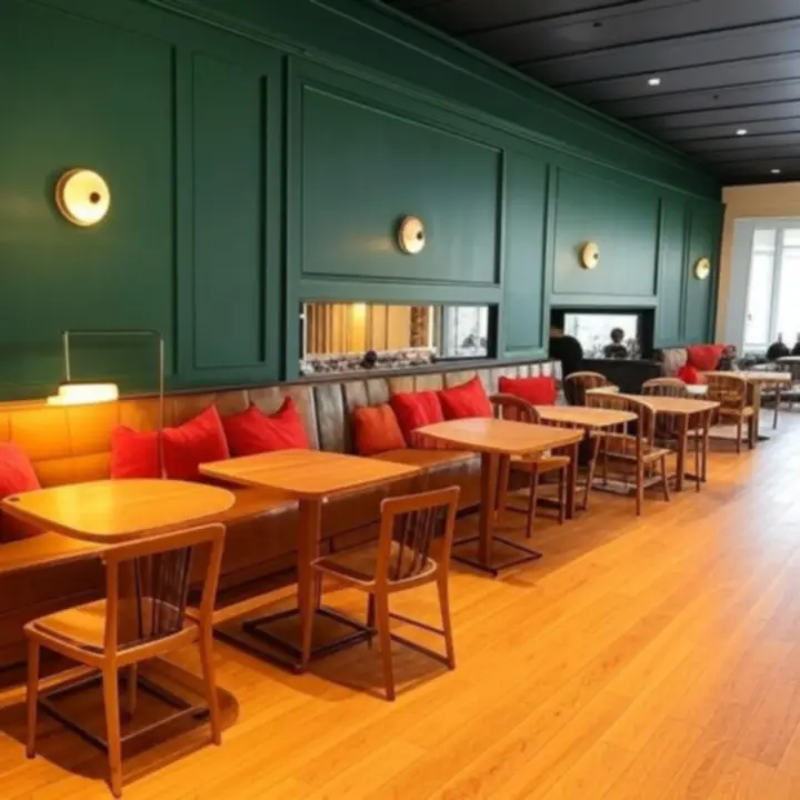 Współczesne wnętrze kawiarni z wyrafinowanym designem w ciepłych kolorach drewna i zieleni