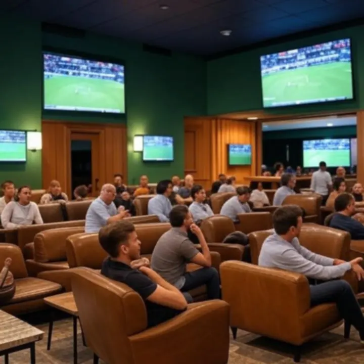 Panoramiczna galeria wieloekranowa z widokami na transmisje sportowe w eleganckim wnętrzu