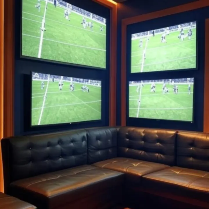 Zaawansowane centrum sportowe z wieloma ekranami wyświetlającymi różne dyscypliny