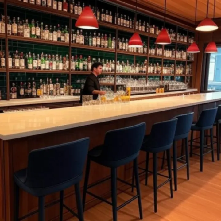 Sophisticated sports bar interior with ambient lighting and leather seating