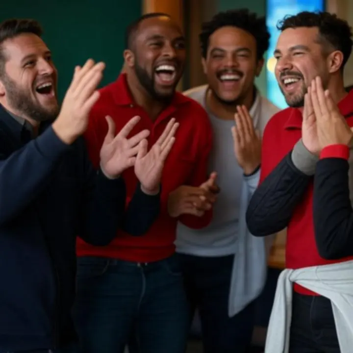 Fans celebrating together in camaraderie during live match viewing