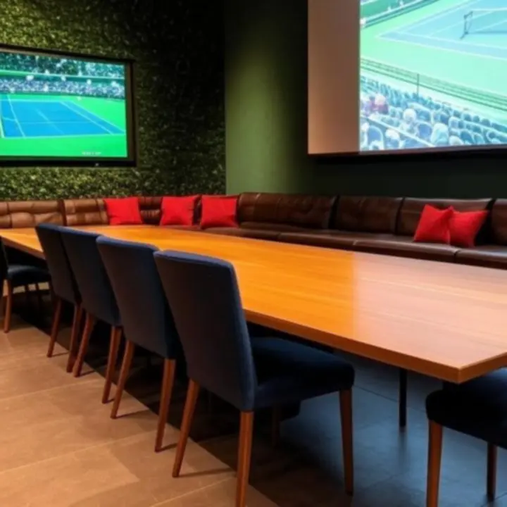 Private event space with customizable screen configurations and warm wood interiors