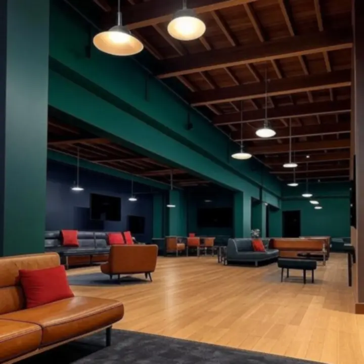 Elegancki projekt wnętrza z elementami drewna i nowoczesnym oświetleniem